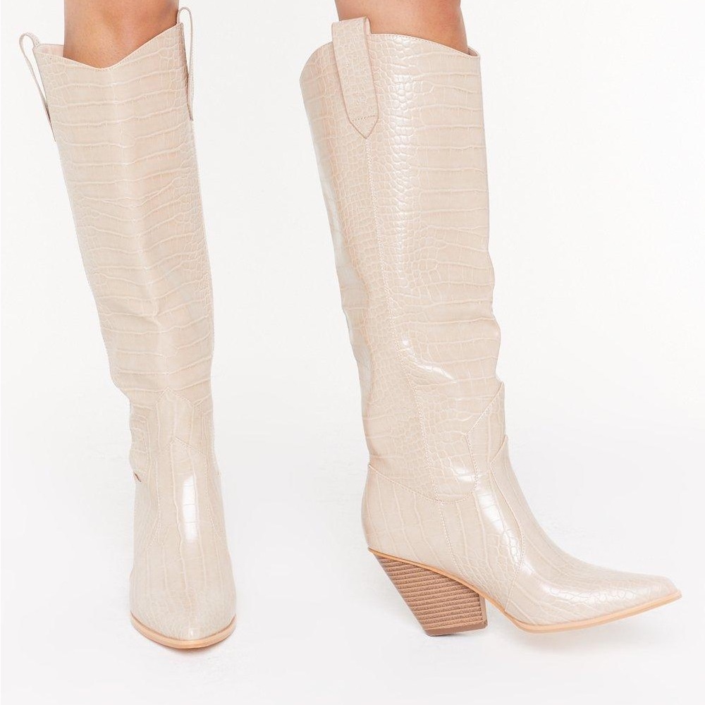 Nasty Gal Cream/Ivory Knee High Western Boots Size 9